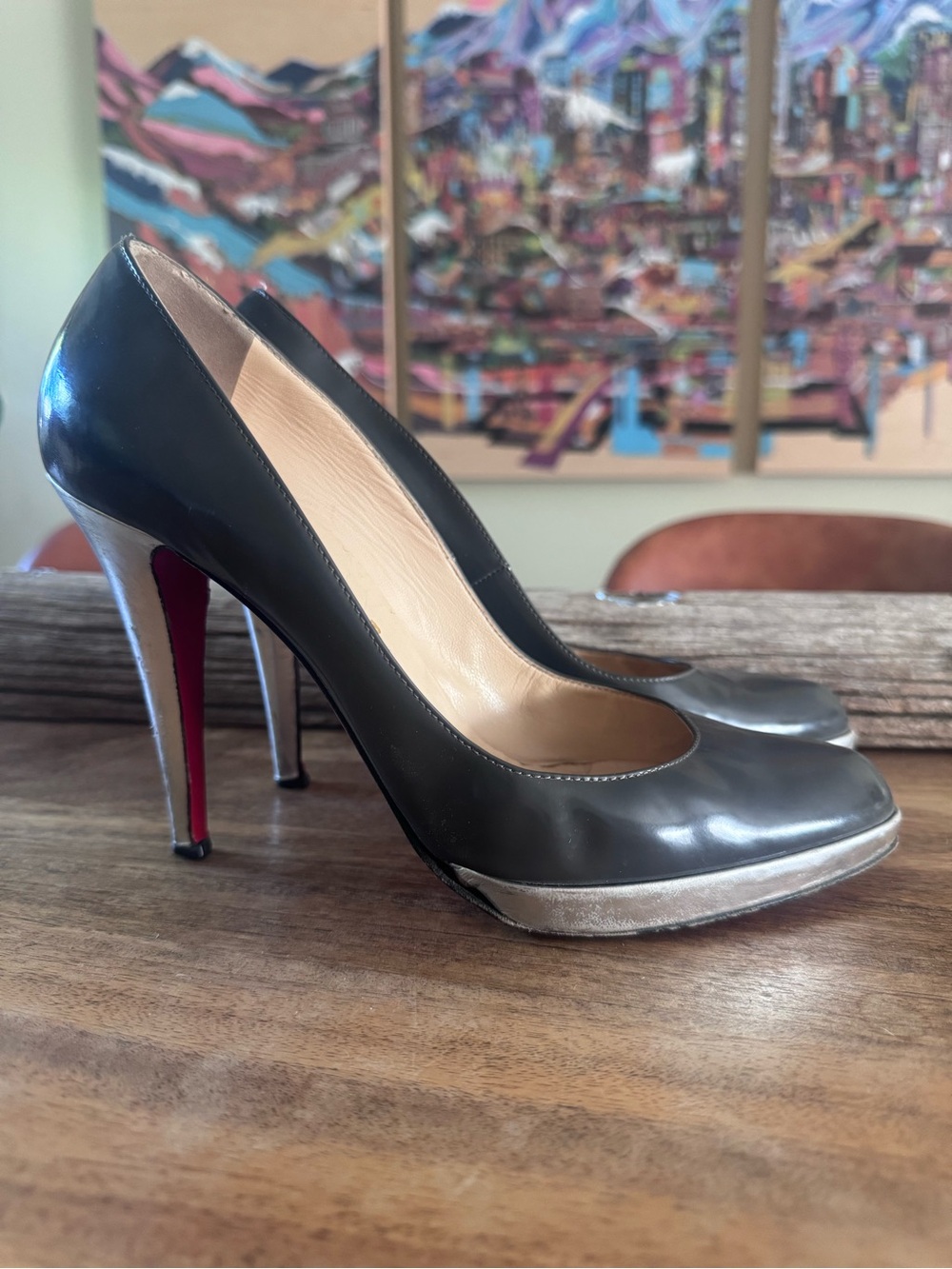 Christian Louboutin Grey and Silver Patent Leather Heels
